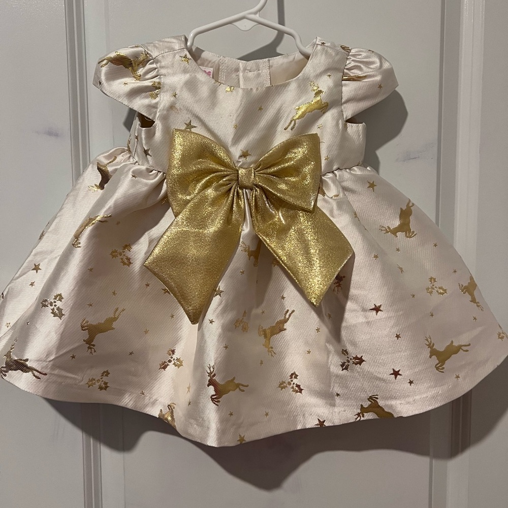 Cream and Gold Reindeer Christmas Dress with Gold Bow 6-9 months
